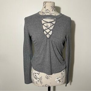 Charlotte Russe Grey Lace Up Long Sleeved Top Size Large